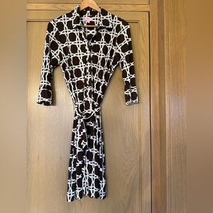 Lilly Pulitzer Brown White Silk Geometric Shirt Dress Quarter Sleeve Belted - 12